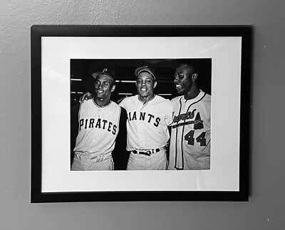 Hank Aaron Willie Mays Roberto Clemente 8x10 Framed Photo HOF Black and White