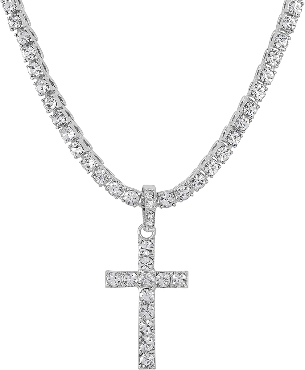 Iced Out Cross Pendant on Tennis Chain for Men or Women Bling Ed