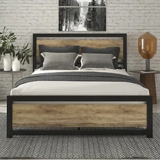 Full Heavy Duty Metal Platform Bed Frame with Wooden Headboard & Footboard,Brown
