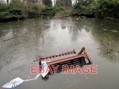 PHOTO  VANDALISM IN GROSVENOR PARK CHESTER MEMORIAL SEAT THROWN INTO THE POND BY