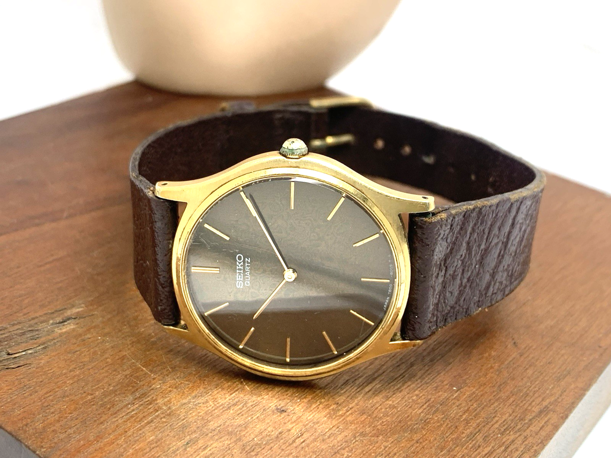 Seiko Men's Watch 7800-8009 Vintage Quartz Gold Black Dial Leather