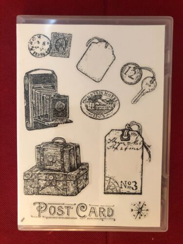 Stampin Up Zestaw znaczków Przekształcone drewno POCZTA PODRÓŻNA Vintage Aparat fotograficzny, bagaż, klucz - Zdjęcie 1 z 3