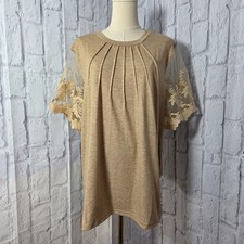 Unbranded Beige Tan Pleated Floral Lace Short Sleeve Tee
