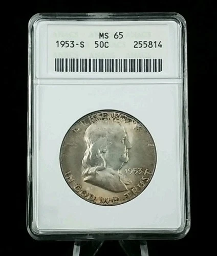 1953-S 50C  Franklin Half Dollar ANACS MS 65 Old  Soapbox Holder Toned  #6663