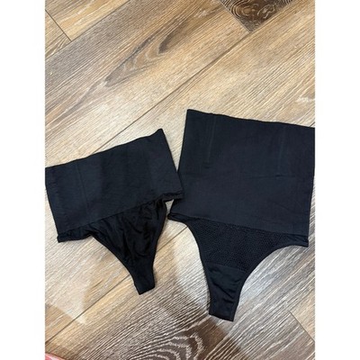 Lot of 2 Womens High Waisted Tummy Control Shapewear Thong Black Seamless Medium