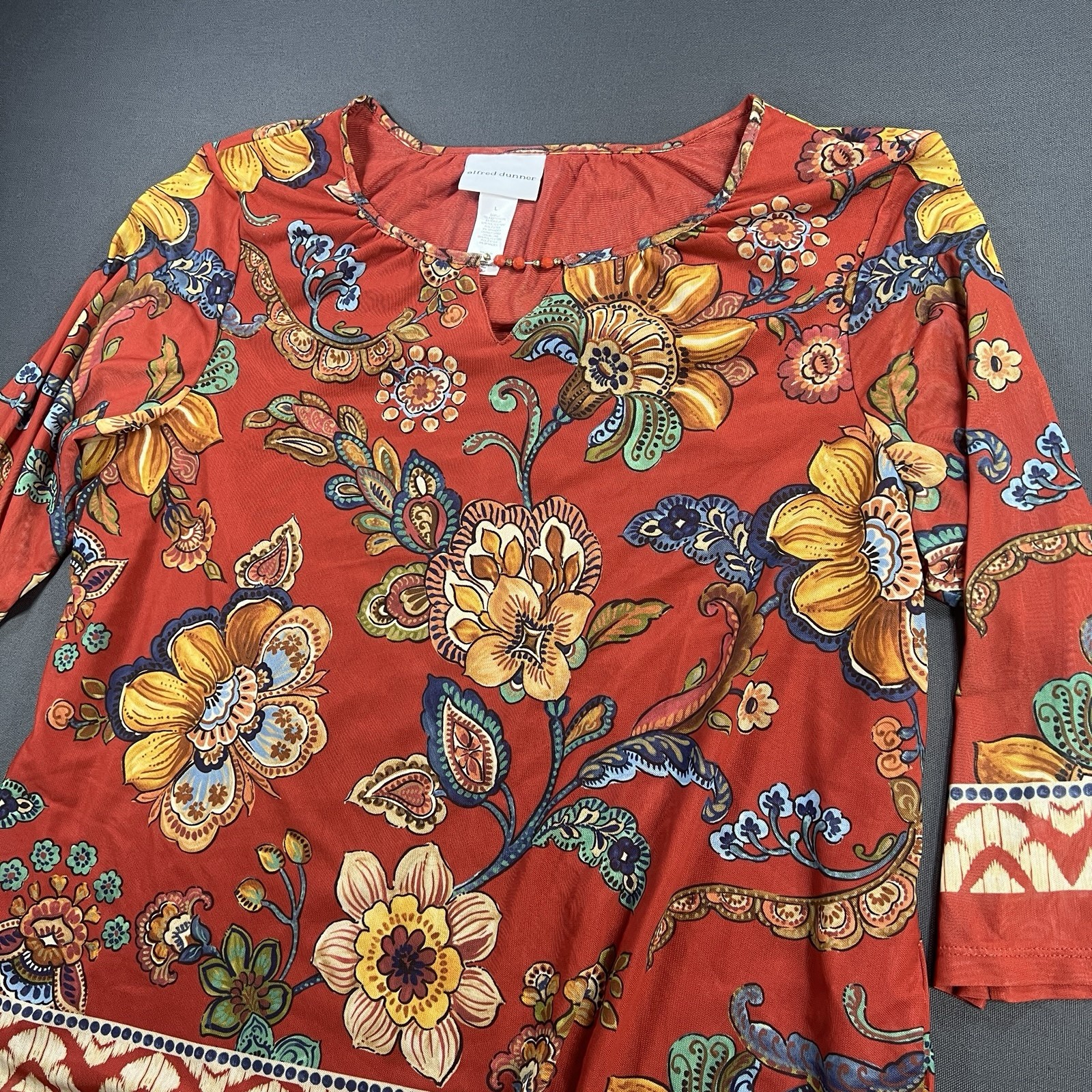 Alfred Dunner Floral Beaded Neck 3/4 Sleeve Top Rust Multicolor LARGE Blouse