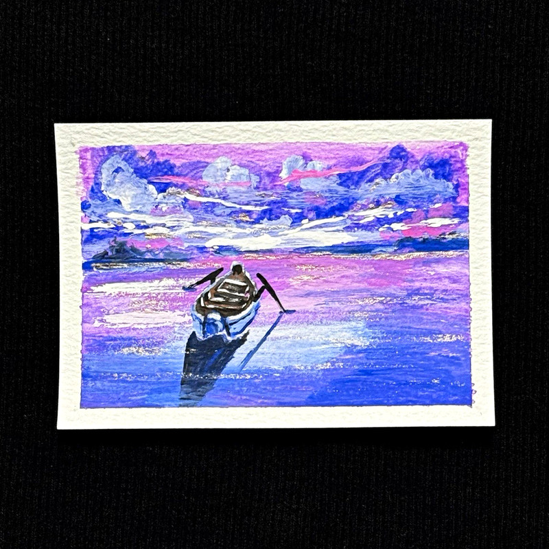 ACEO Art - Ocean, Sky, Boat, Nature, Seascape, Clouds Acrylic - 2.5x3.5 by M.A.R
