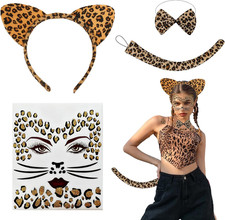 Leoparden Ohren,Leoparden Oberteil Damen,Kostüm 4 Set Kinder,Karneval Print Hall