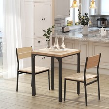 3 Pcs Compact Dining Table 2 Chairs Set Wooden Metal Legs, Light Wood Grain