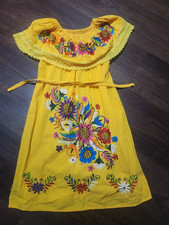 Vintage 70s Hand Embroidered Mexican  Dress Yellow Floral Midi Medium
