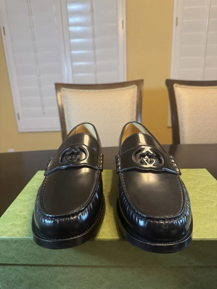 Nuevo Gucci GG Logo Negro Cuero Mocasines Zapatos Sin Cordones Talla UK 12.5 / US 13 Foto 2 de 4