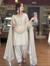 Pure Roman Glass Silk Off White Top Palazzo With Dupatta For Women Party Wear