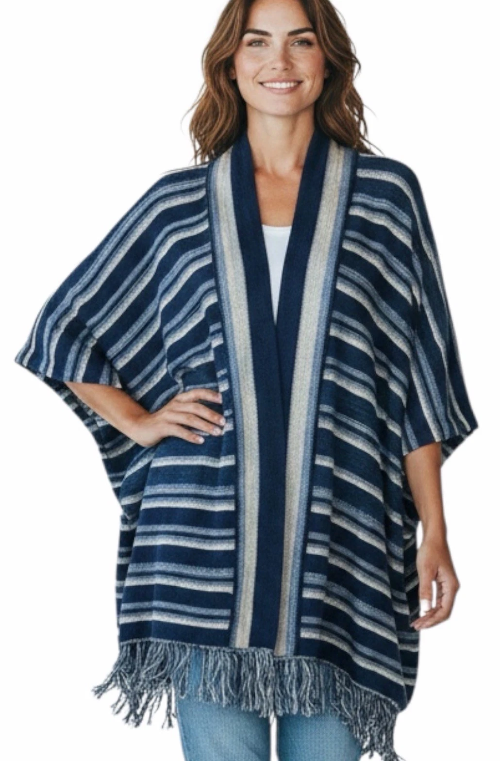 Ralph Lauren Sz One Size Blue WHT Striped Cotton Poncho/Cape Blanket Sweater-NEW
