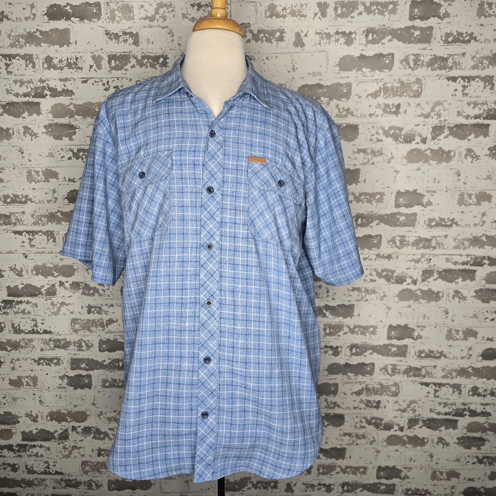 Orvis Shirt Mens XXL Blue Check Plaid Short Sleeve Woven Tech Performance Hiking