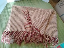 RESTORATION HARDWARE Tan  Burgundy Stripe Chenille Heavy Throw Blanket 52X70