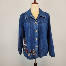 Vintage Tantrums Womens Floral Embroidered Jean Jacket Size M Blue Button Up 90s