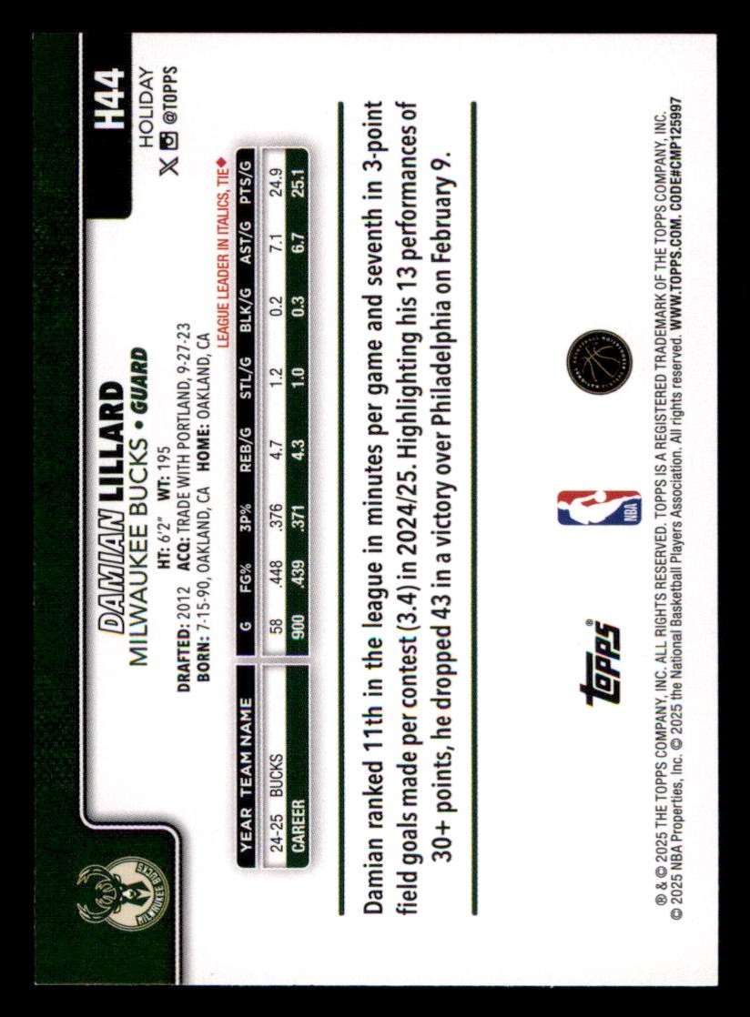 2025-26 Topps Holiday #H44 Damian Lillard Milwaukee Bucks | eBay