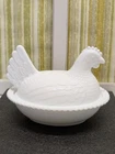 Indiana Hen Nest White Milk Glass Beaded Edge Covered Dish  7" Farm Cottage VTG