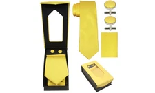 Designer Necktie + Cuff Link + Hanky Set - Classy YELLOW Wedding Birthday Tuxedo