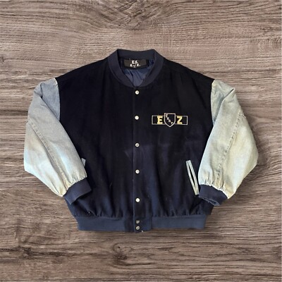 Vintage 90s E.Z. GEAR Varsity Bomber Jacket Embroidered Navy Denim RARE MENS XL