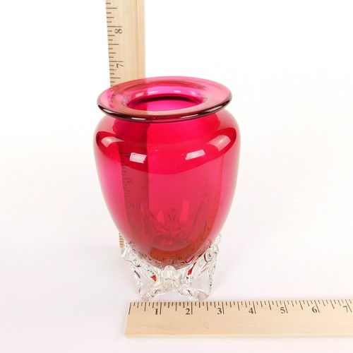 Vintage Lily Pad Vase Hand Blown Glass Design Group Red Cut Glass Clear Base - Picture 10 of 11