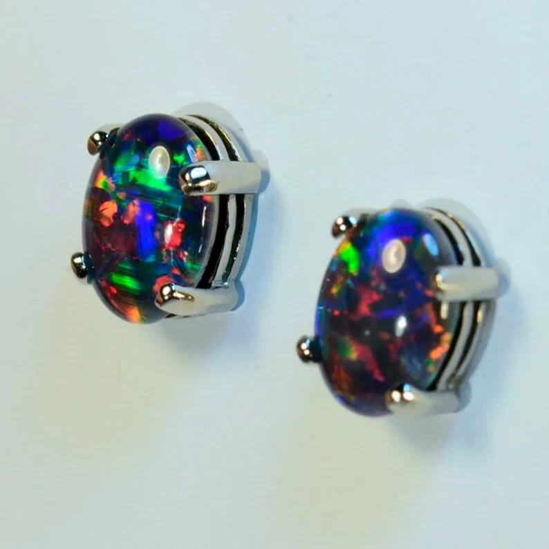 Женские серьги-гвоздики из стерлингового серебра 925 пробы с черным опалом кабошоном - Изображение 3 из 4