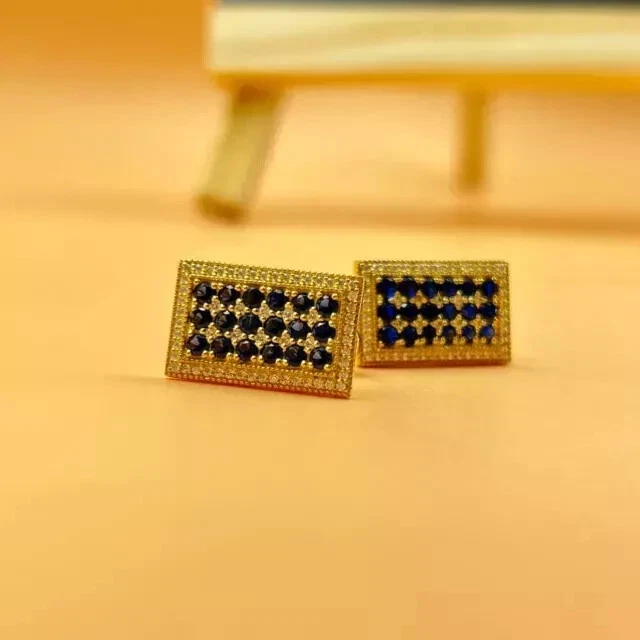 Gemelos de boda de zafiro creados en laboratorio de corte redondo de 2 quilates enchapados en oro amarillo de 14 k para hombre Foto 2 de 4