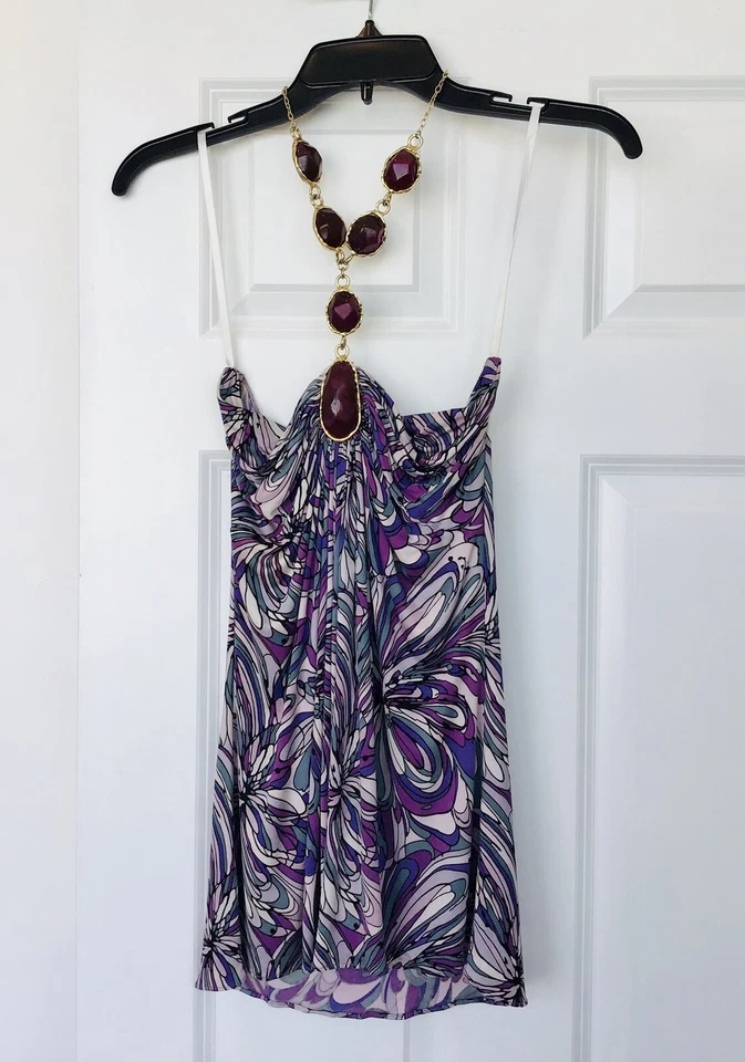 Blusa Top SKY Púrpura Halter Seda Joyas Sin Mangas Talla Mediana Foto 3 de 4