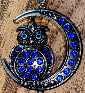 OWL ON CRESCENT MOON Turkish BLUE Stones Evil Eye Hanging Decor Wind Chime 10”