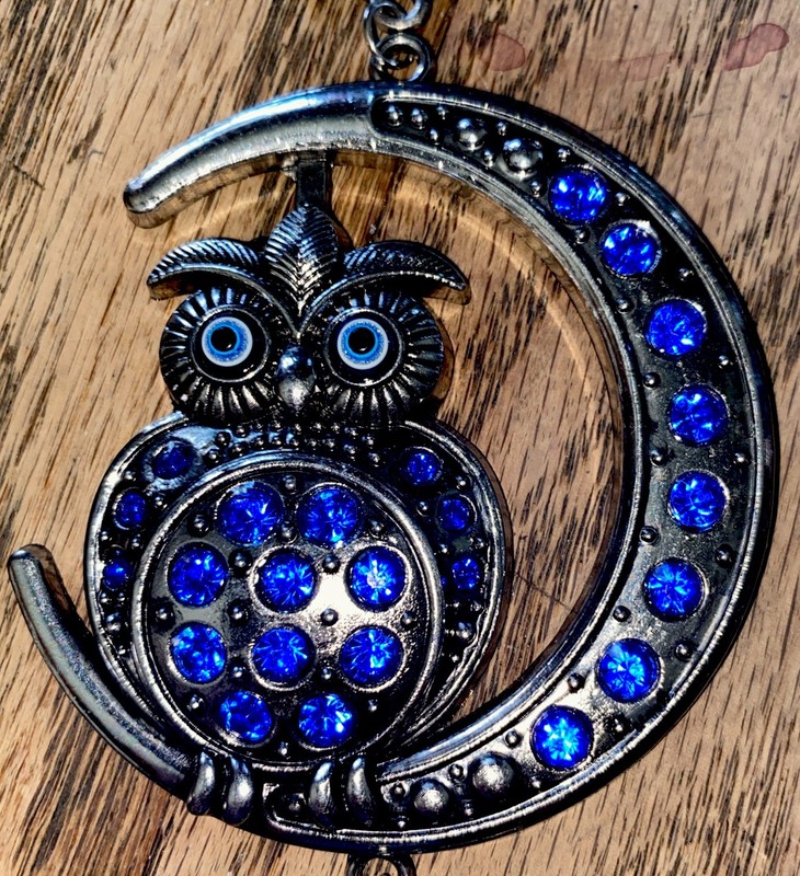 OWL ON CRESCENT MOON Turkish BLUE Stones Evil Eye Hanging Decor Wind Chime 10”