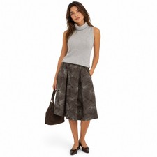 Y2K Talbots 100 Silk Structured Pleated Midi Skirt Brown Embroidered Floral 8P