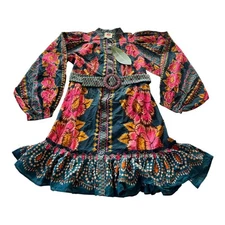 Farm Rio Anika Sparkle Mini Dress Medium Teal Puff Sleeve Party Dress Chic