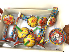 15 Vintage Metal Noisemaker Toys Lot U.S. Metal Tin Lithograph Rattle Shaker