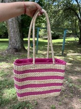 Brand New Without Tag Beach Pink and tan striped straw tote bag summer beachy