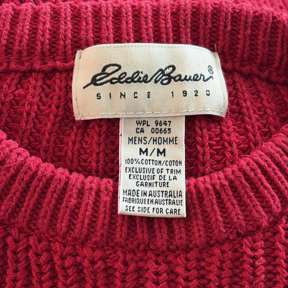 Suéter Eddie Bauer Tejido Acanalado Cuello Redondo Para Hombres Mediano Rojo Grueso Algodón Peso Pesado Foto 2 de 4