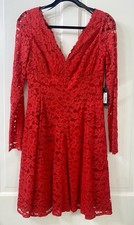 Vera Wang Women’s Red Lace Dress Fit & Flare Long Sleeves NWT Size 6