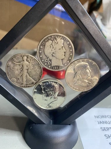 Nice Lot Of 4 Different Half Dollars Barbers Kennedy Franklin And Standing Lib