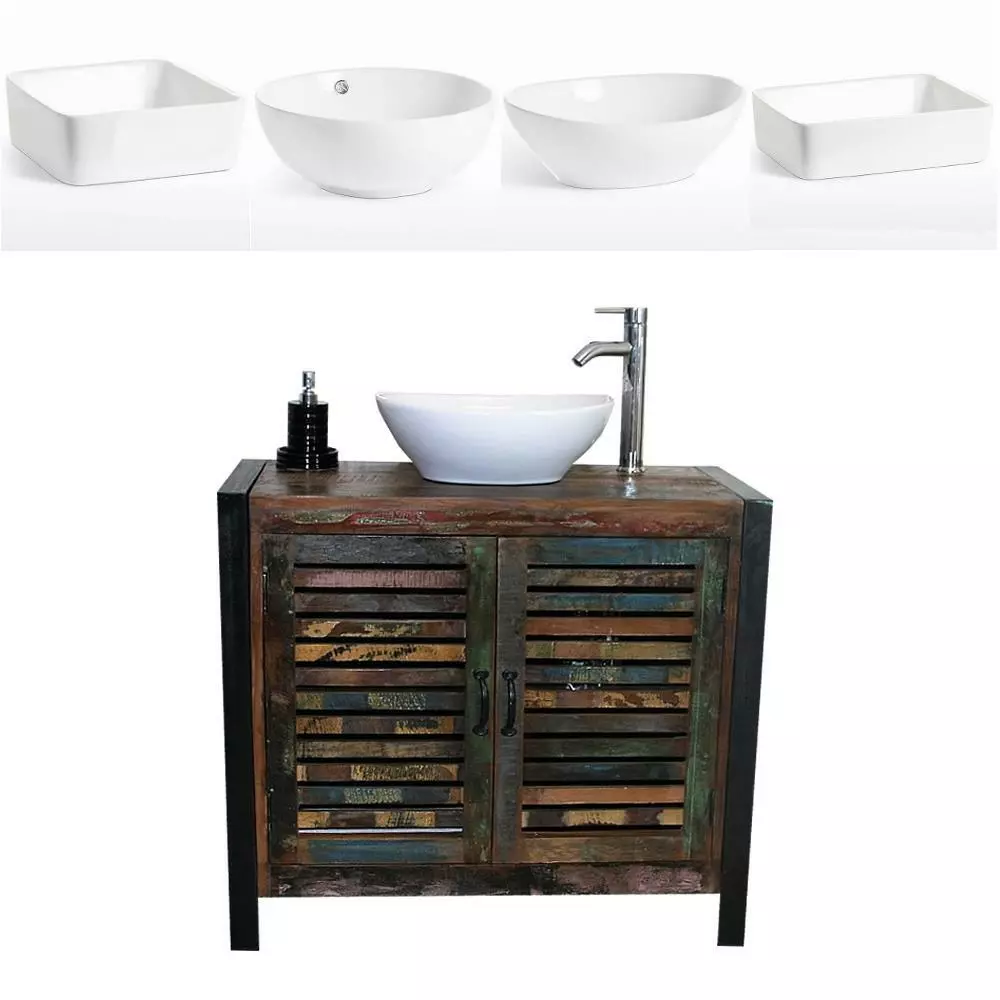Reclaimed Wood Bathroom Vanity Unit 2 Door with White Ceramic