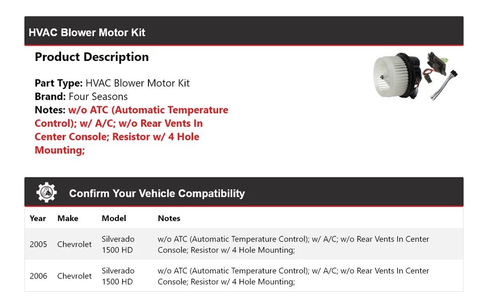 For 2005-2006 Chevrolet Silverado 1500 HD HVAC Blower Motor Kit 4 Seasons - Image 2 of 4