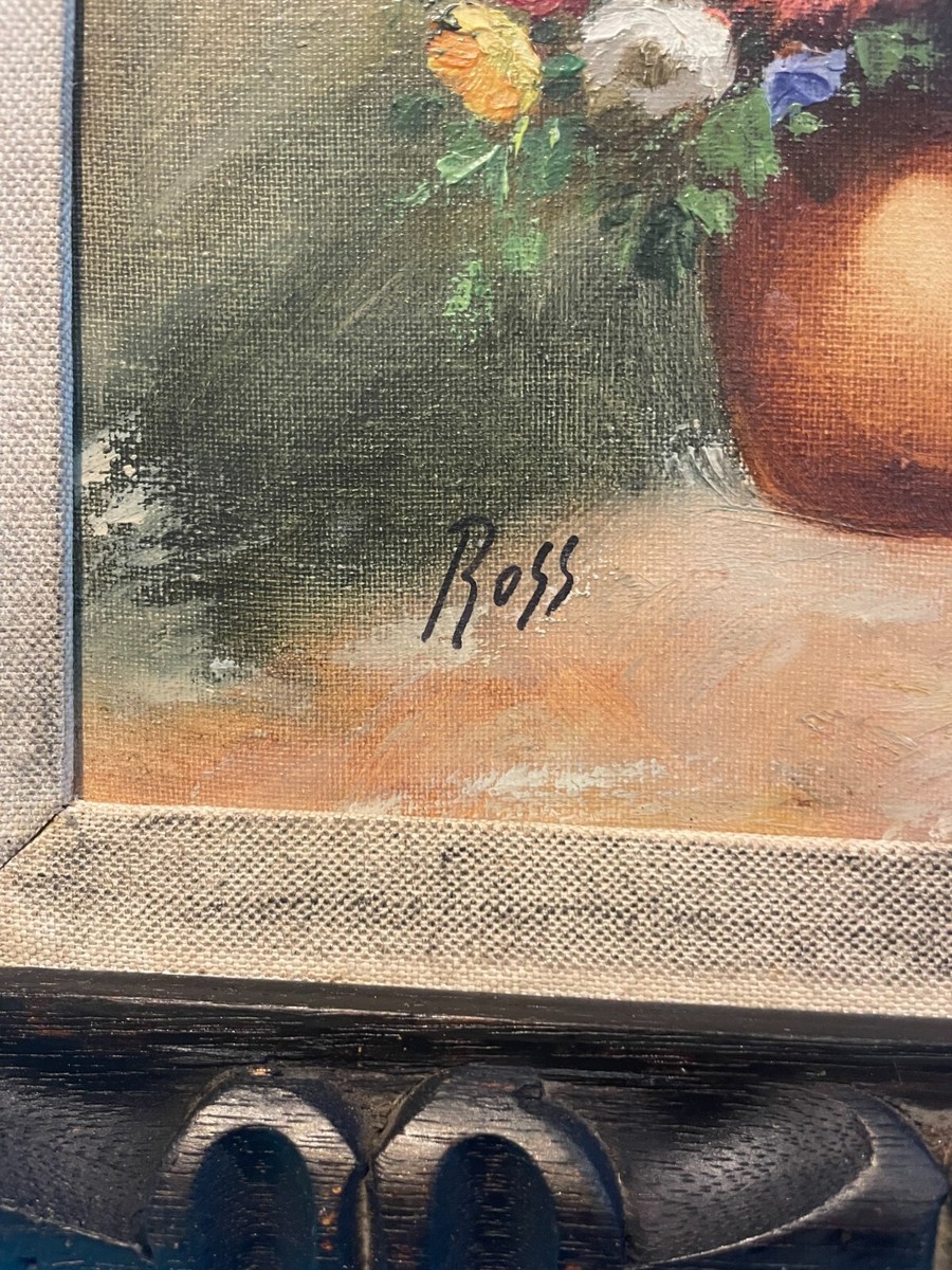 Floral oil Painting Signed By Artist Ross, in Antique Baroque Art