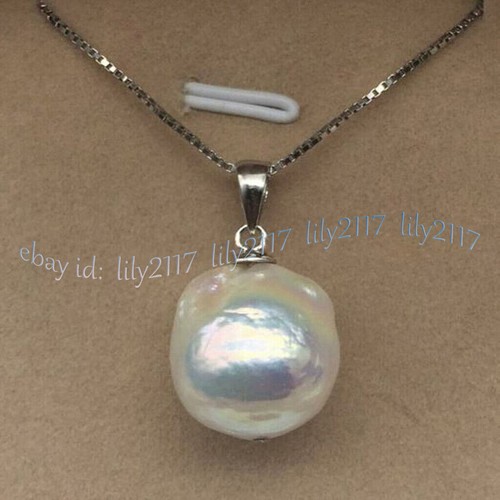 Huge 13-14mm White South Sea Baroque Edison Pearl Pendant Necklace 925 Chain 17" - Picture 4 of 6