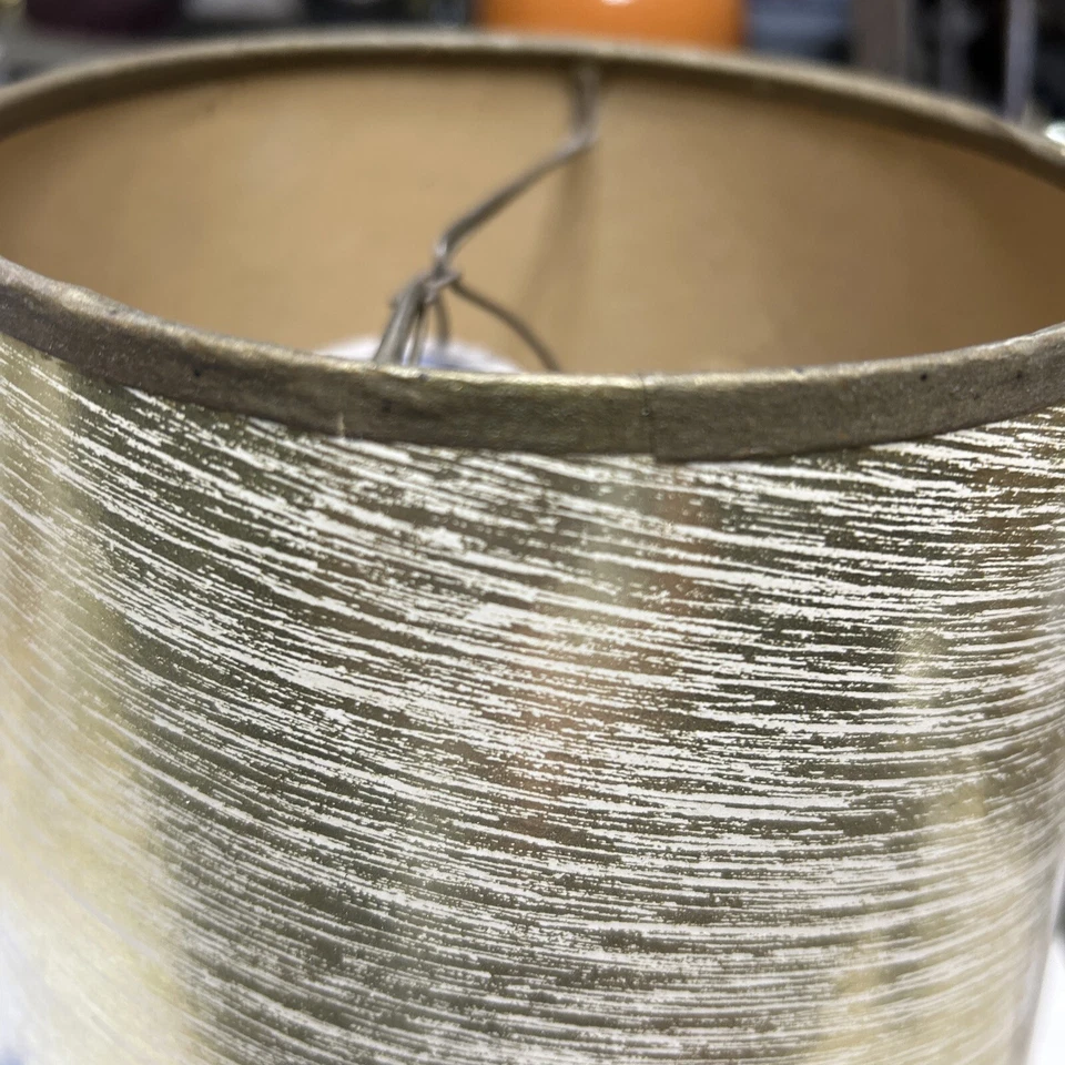 VTG MCM High Gloss Gold Wallpaper Drum Paper Lamp SHAPE 6x7x8 Attached Harp - Image 2 of 4