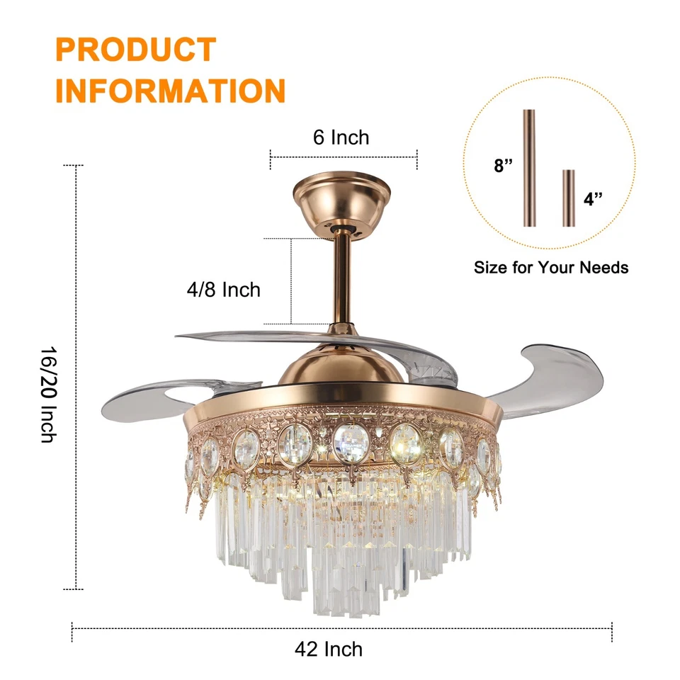 42" Gold LED Crystal Chandelier Remote 3-Colors 6-Speeds Ceiling Fan Reversible - Image 3 of 4