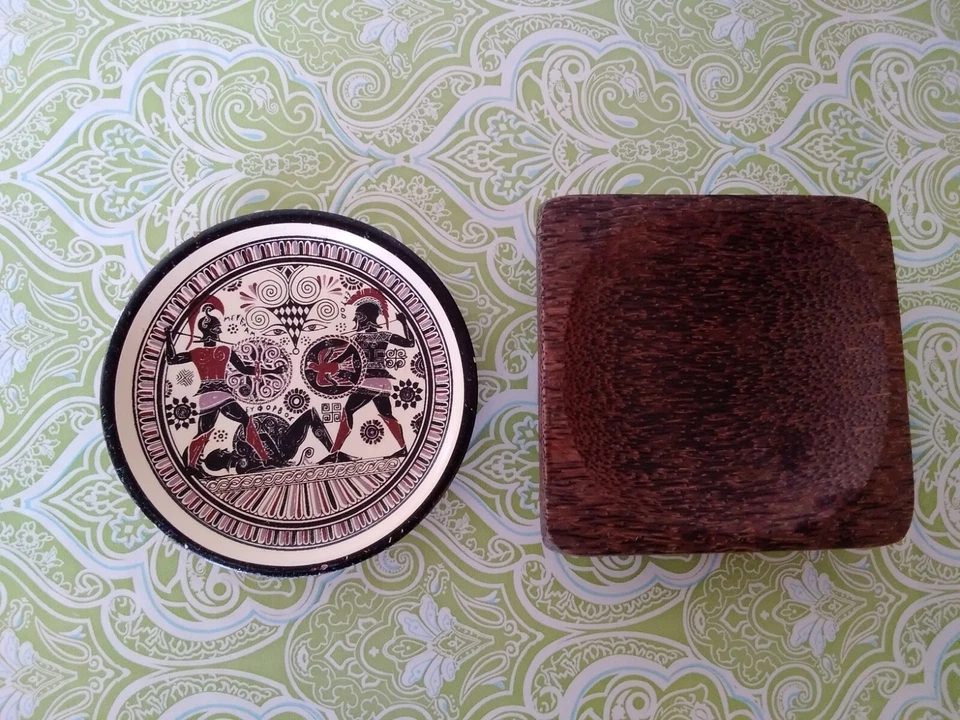 Plato de baratija griego hecho a mano Grecia cerámica terracota con madera 3,5 pulgadas Foto 2 de 4