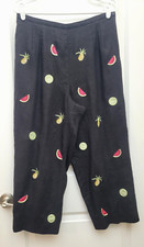 Talbots Women's Crop Pants Sz 14P Irish Linen Black Embroidered Fruit Lined Zip