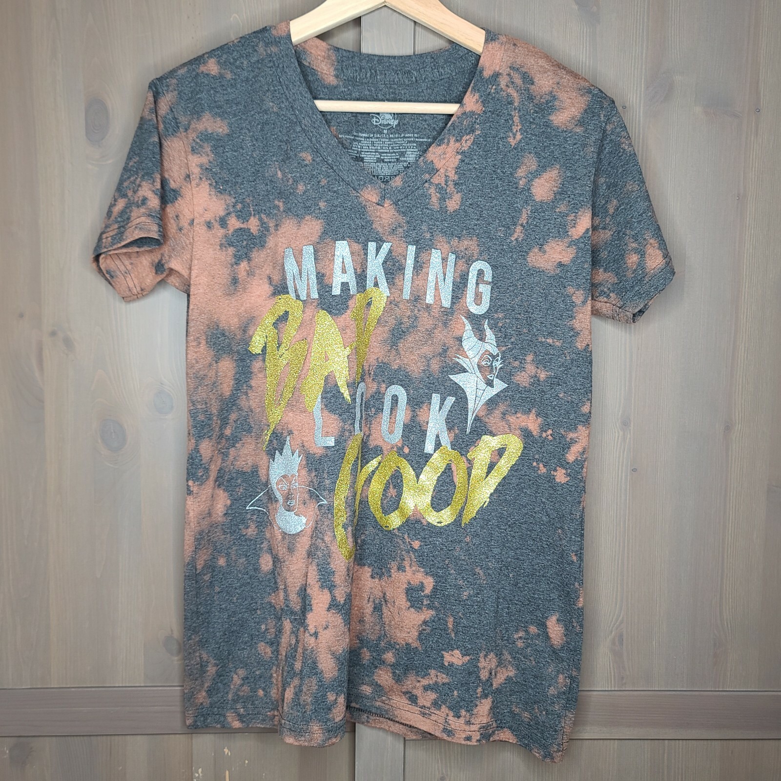 Disney T-shirt Medium Womens Gray Bleach Tie Dye Short Sleeve V-neck  Graphic Tee | eBay