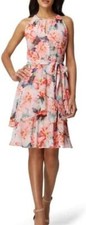 Tahari Floral Chiffon Ruffle Tiered Halter Dress, Coral Bouquet,Size 12