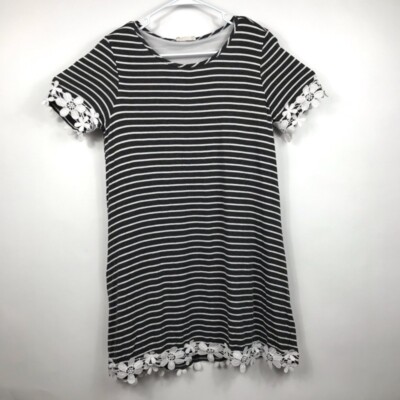 Altard State Womens Dixie Lee Dress Gray Stripe Stretch Short Sleeve Lace Trim M