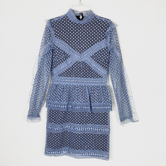 Aqua Light Blue Crochet Lace High Neck Long Sleeve Mini Dress Size XS | eBay