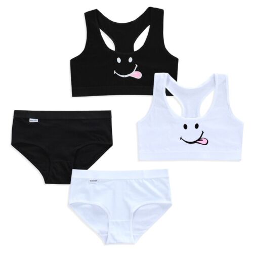 Teens Girls 2Pcs Underwear Set Cute Smile Face Print Racerback Bra with Panties - Picture 1 of 9